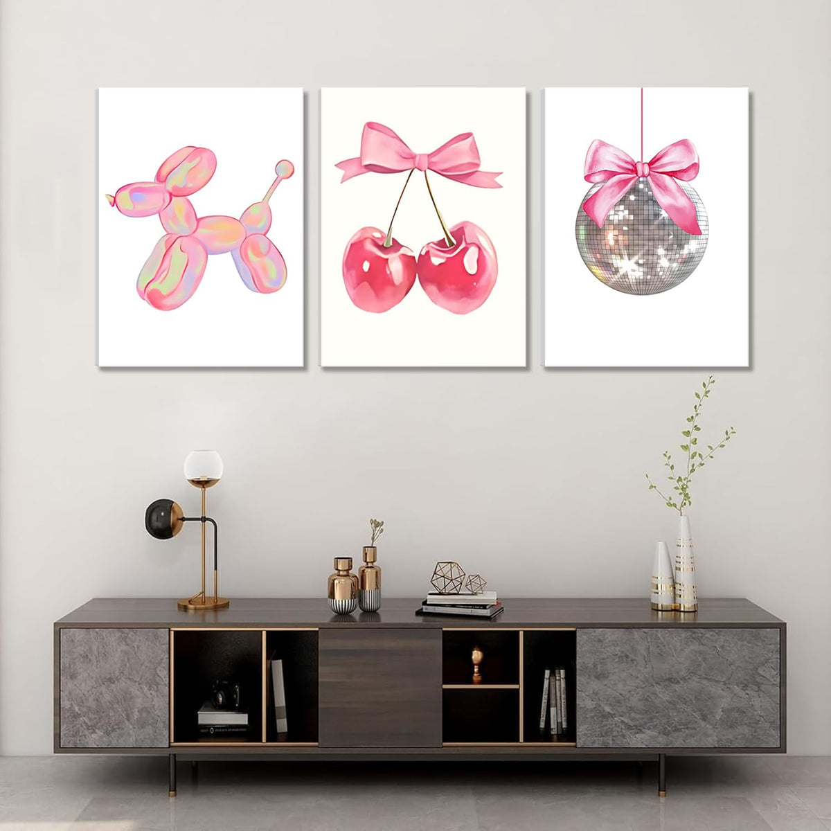 Trendy Pink Bows Canvas Wall Art Set of 3 (Balloon dog canvas / 16L"x12W")