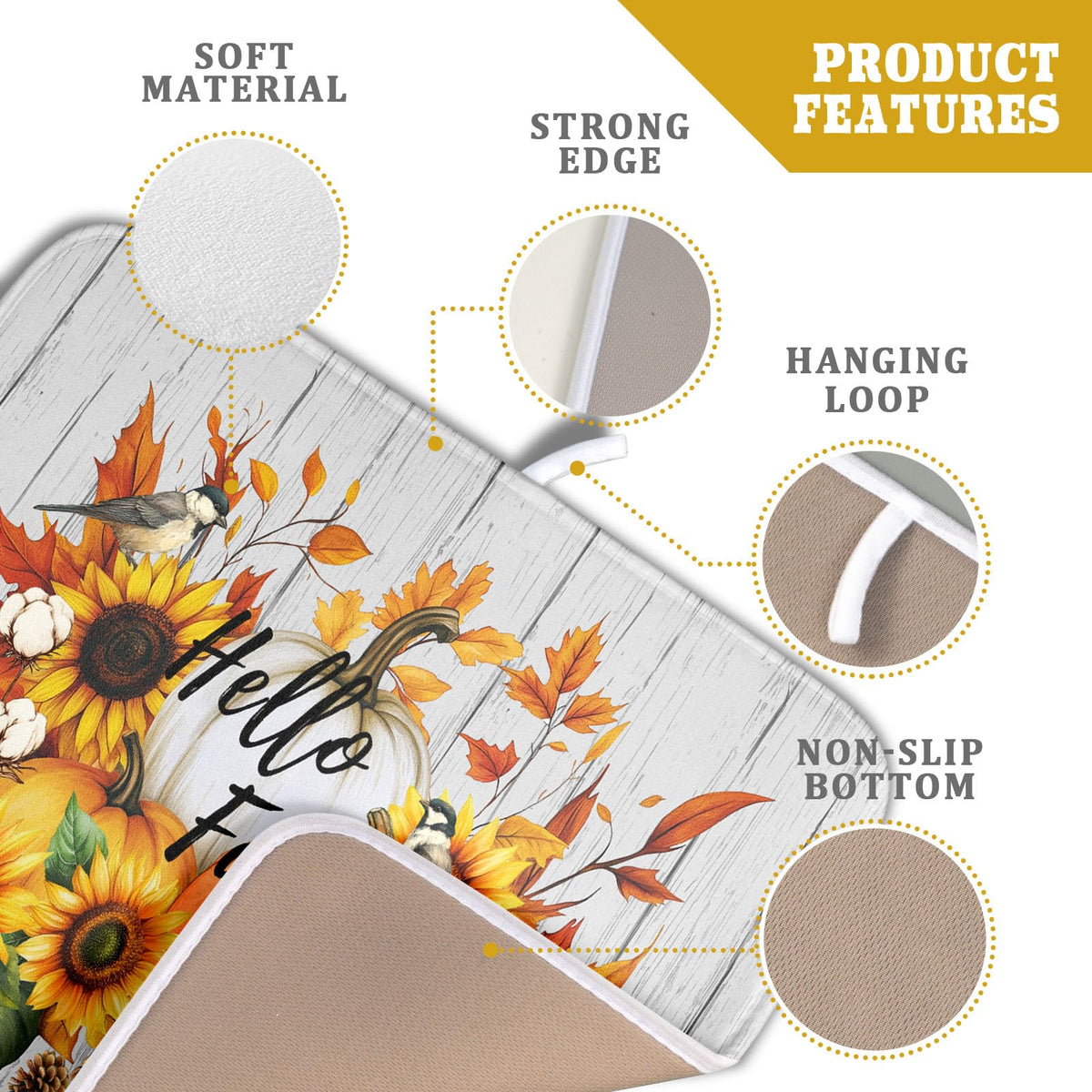 Hello Fall Sunflowers Dish Drying Mat for Kitchen Counter (Hello Fall / 16" x 18")