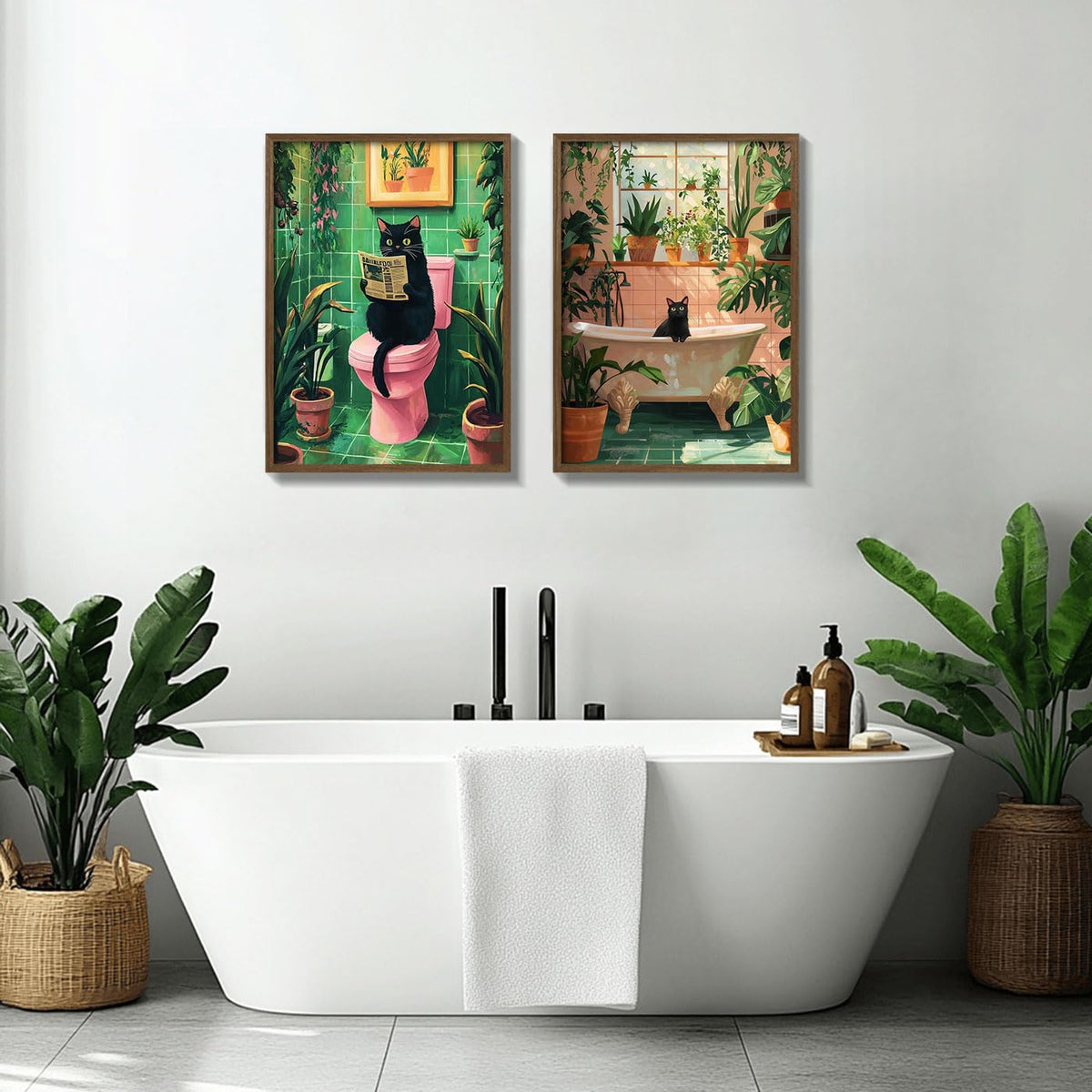 2 Pcs Wooden Framed Green Plant Bathroom Black Cat Wall Art Animal Bathroom Decor Painting Modern Canvas Prints Vintage Plant Poster Gallery Style Home Artwork 16X24Inch (Green Plant Black Cat / 16"L x 24"W)