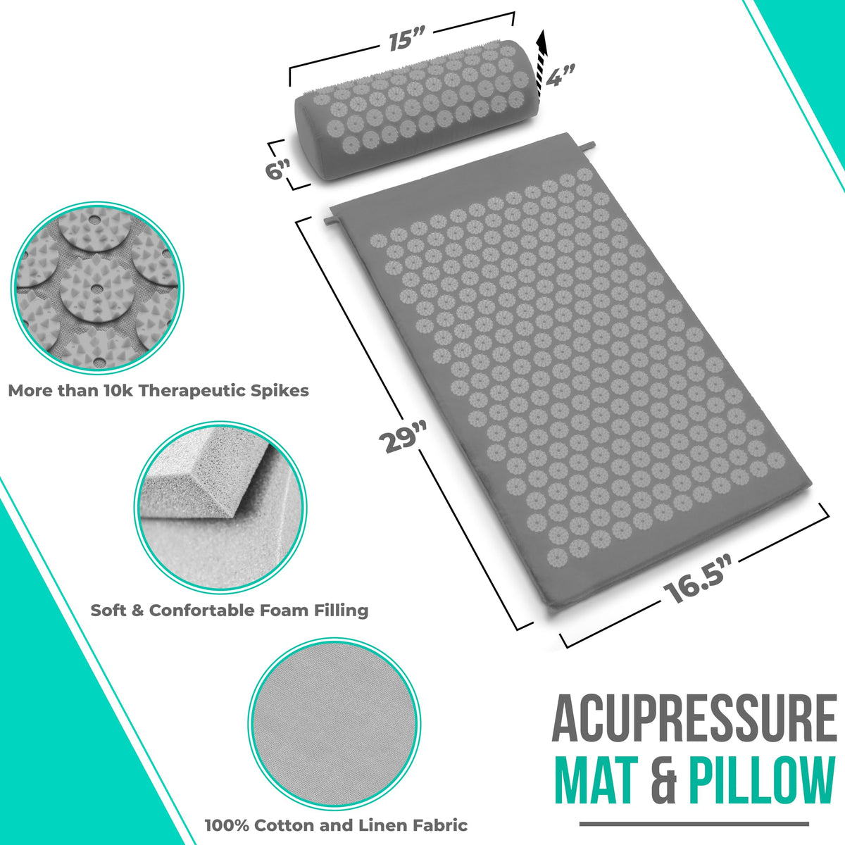 Sivan Acupressure Mat & Pillow Set for Back & Neck (Gray/Gray / Large)