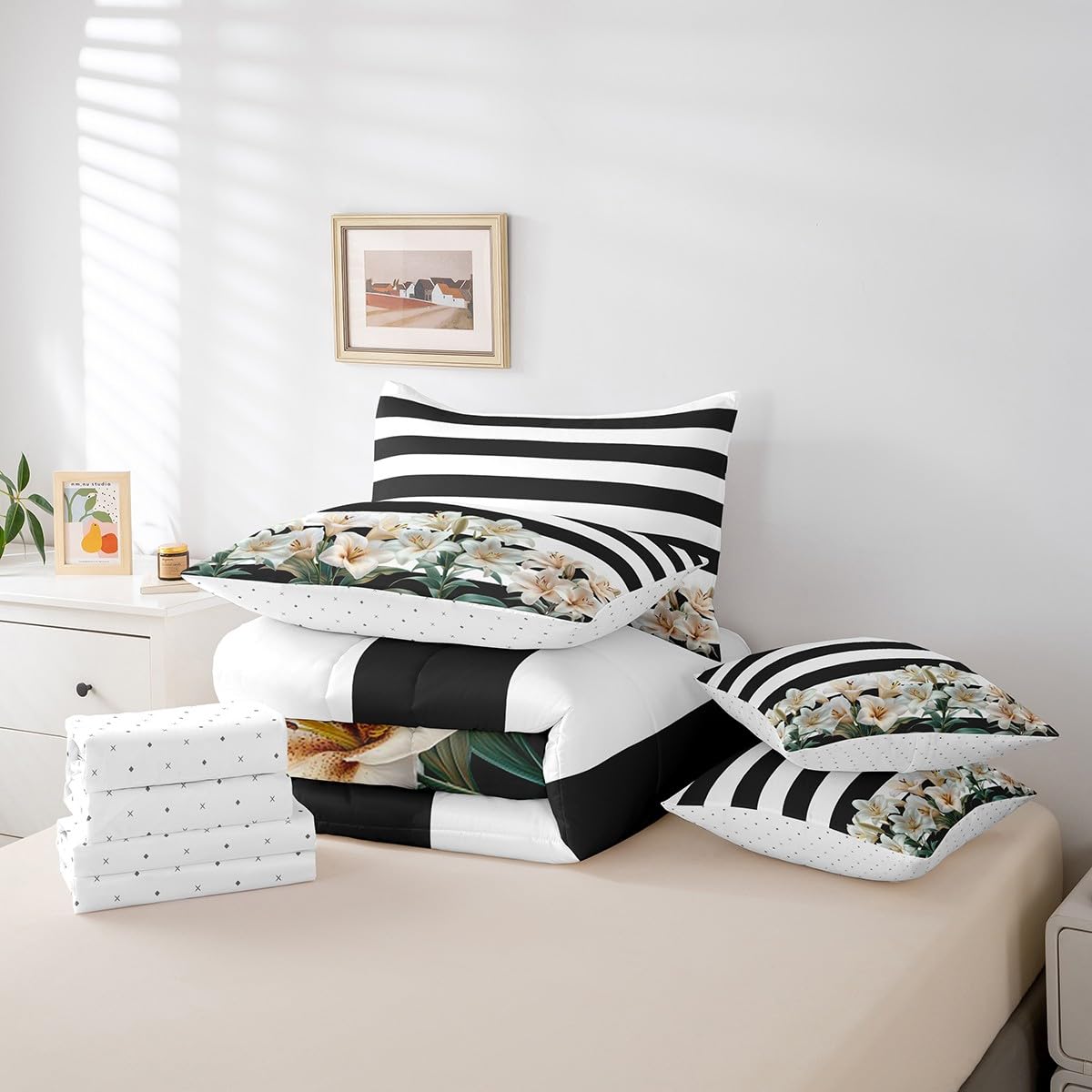 Garden Comforter Set with Sheets Queen Size Kids Flower 7 Piece Bedding Set All Season for Boys Girls Teens Modern Art Bed in A Bag Breathable Soft Lightweight Room Decor (Earth Black Yellow / Queen)