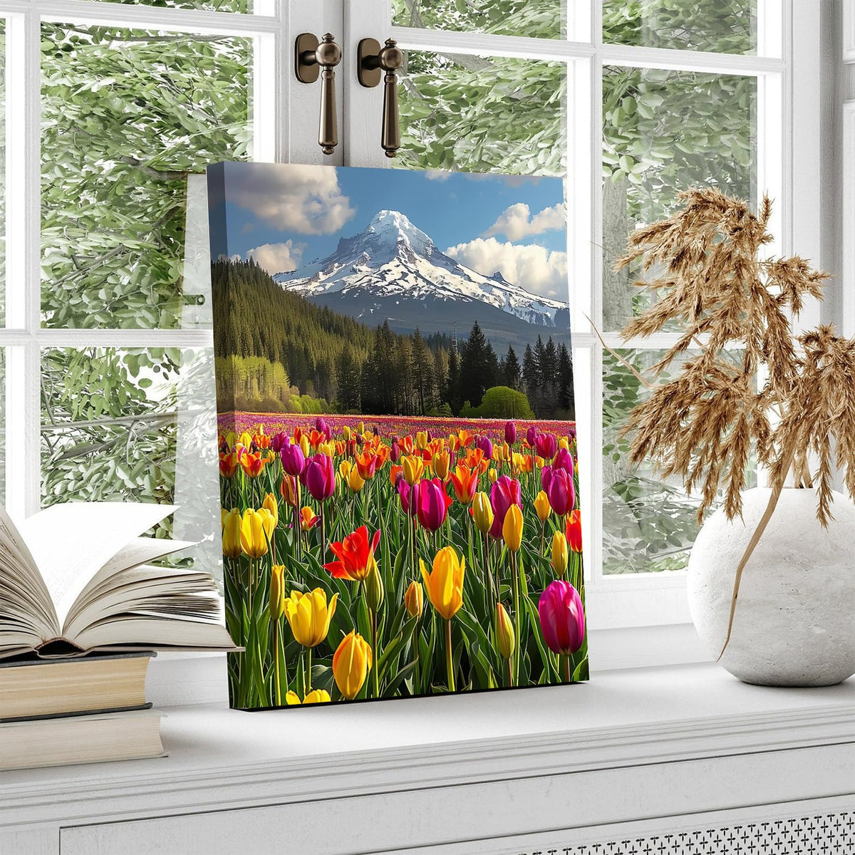 Mt Hood Mountain Wall Art Yellow Flowers Wall Decor Snow Mountains Landscape Canvas Prints Tulips Flower Field Scenery Pictures Nature Forest Artwork for Bedroom Living Room Home Decoration 12x16" (16"L x 12"W / YellowTulips)