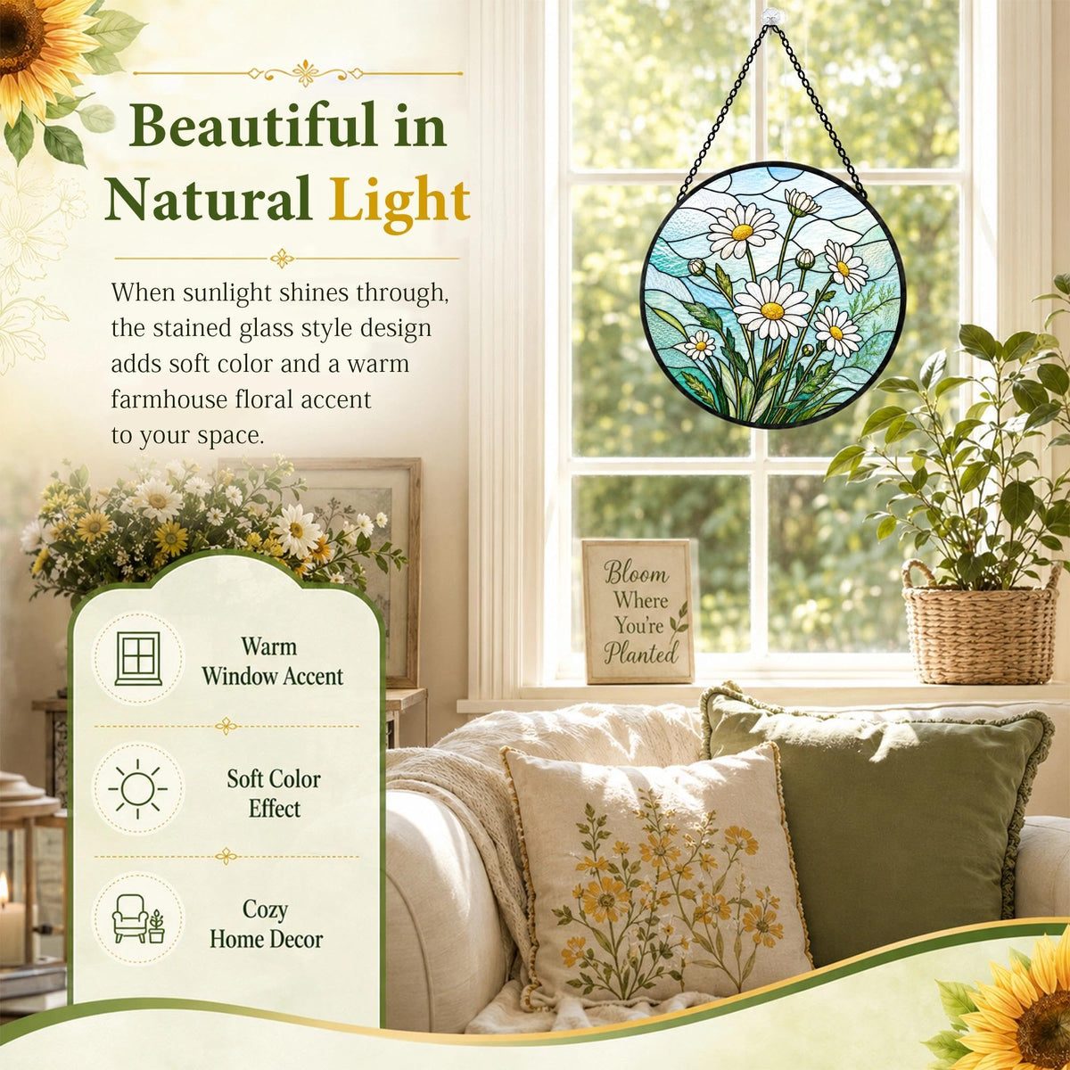 Daisy Gifts for Women Suncatcher Stained Glass Window Hanging Sun Catcher (Daisy / 7.8 x 7.8 IN)
