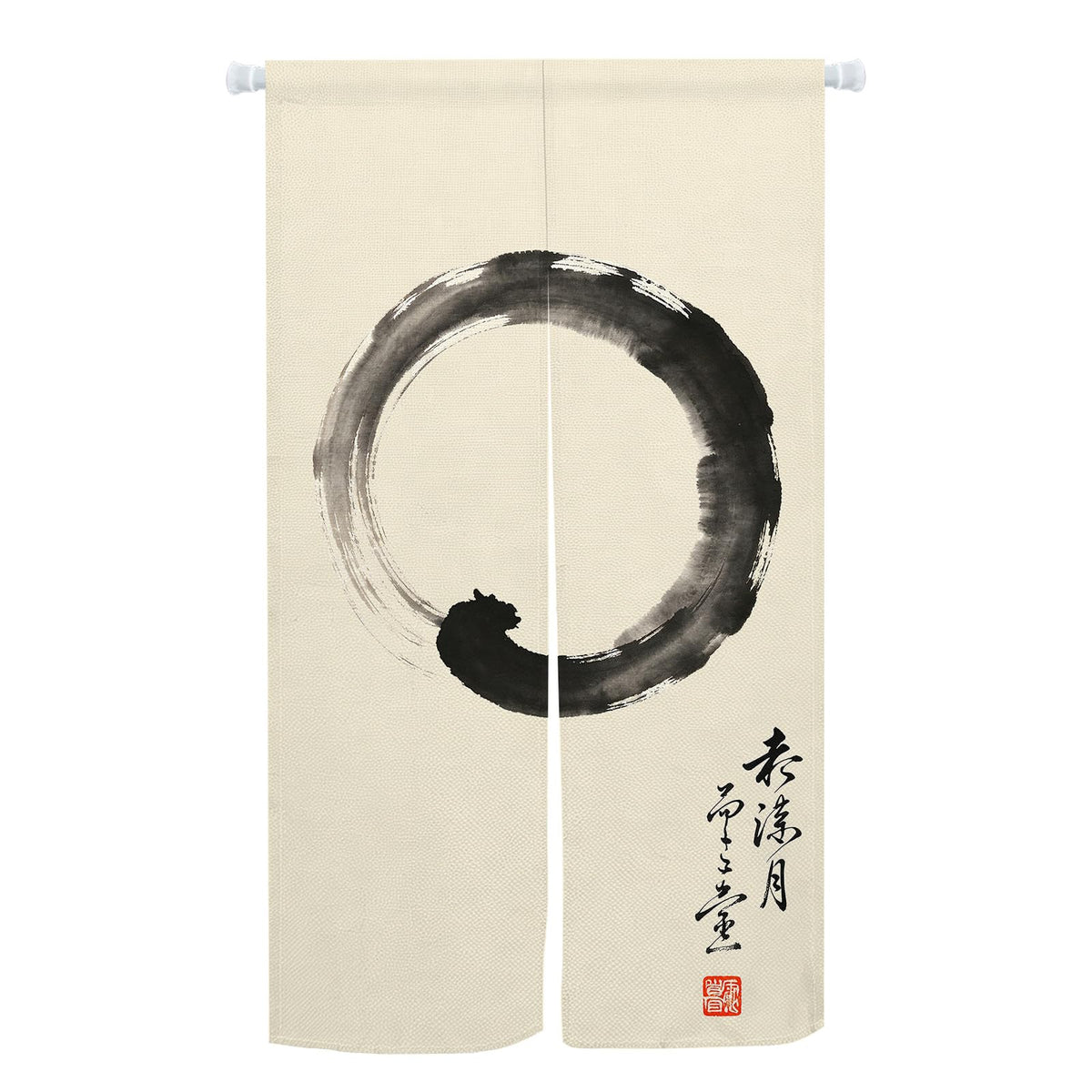 Japanese Noren Curtain Ink Wash Enso Circle Zen Doorway Curtain 33.5x59in (Beige Black / 33.5"W x 59"L (Pack of 1))