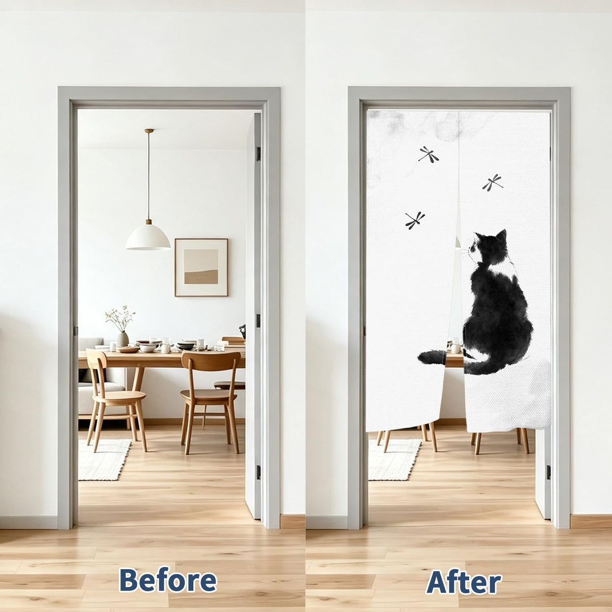 Japanese Noren Curtain Ink Black Cat Door Curtain Asian Tapestry (Hand Drawn Ink Black Cat)