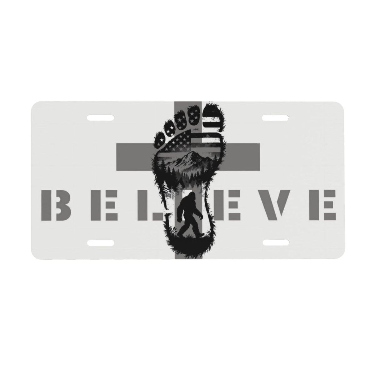 Believe Big Foot Christian Cross American Flag Adventure Mountain Front License Plate Aluminum Decorative License Plates Metal Car Plate 6"X12" Novelty Vanity Tag Cover with 4 Holes Car Decor (Purple / 6 X 12 Inch)