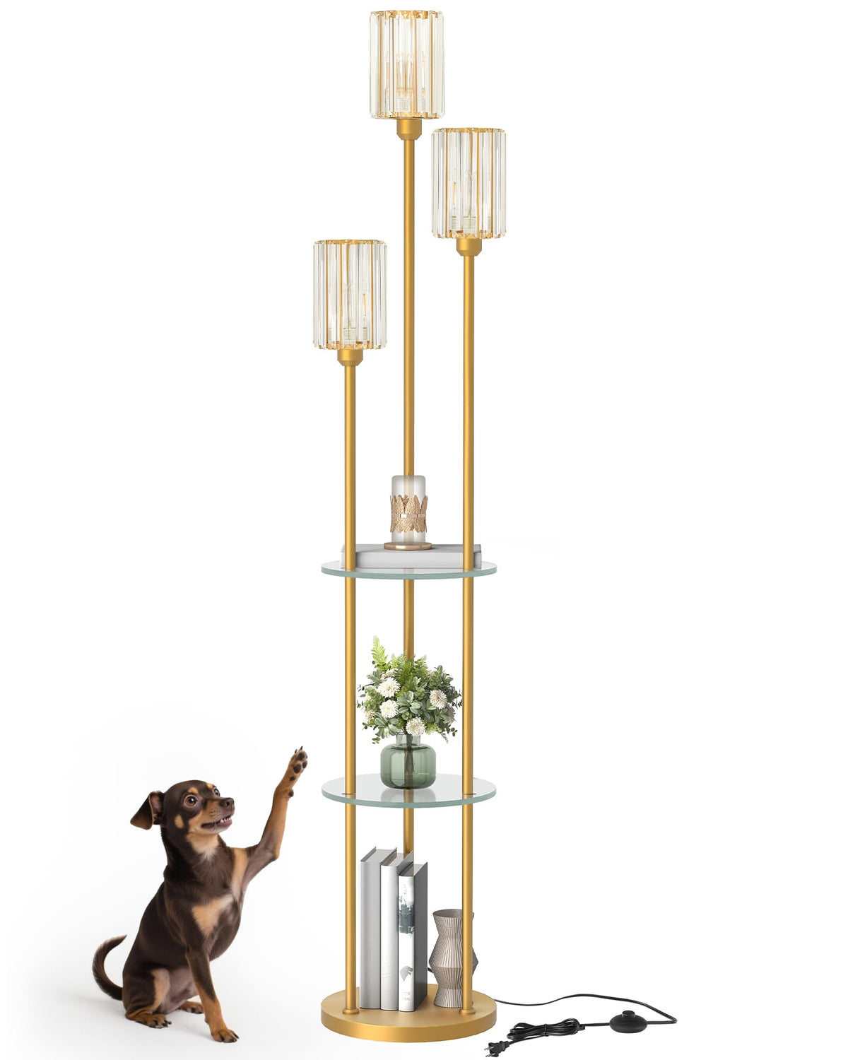 Gold Floor Lamp with Shelves (Gold + Crystal Glass)