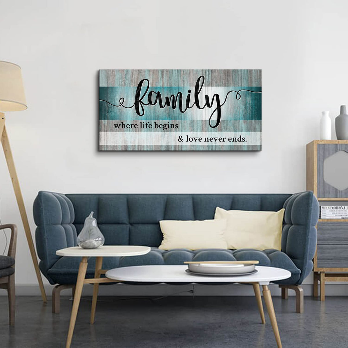 Family Wall Decor Teal Wall Art for Kitchen Family Sign for Home Decor Wall (40"L x 20"W / Family)