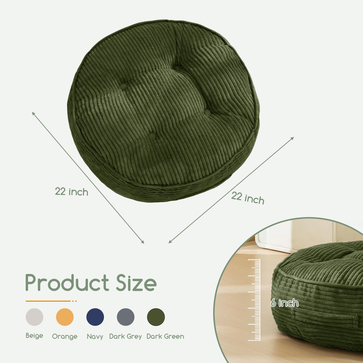 6" Extra Thick Floor Pillow Cushion for Adults (Round Dark Green / 6" Thick(Pack of 2))