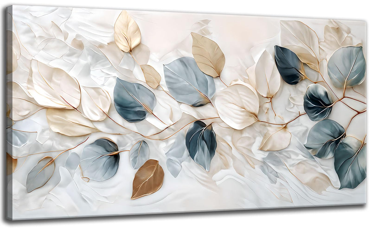 Large Living Eucalyptus Leaf Canvas Wall Art Teal White Botanical Abstract Decor painting Pictures Modern Nordic Plant Flowers Posters Prints for Bathroom Bedroom Office Hallway Home Decoration (white / 48"L x 24"W)