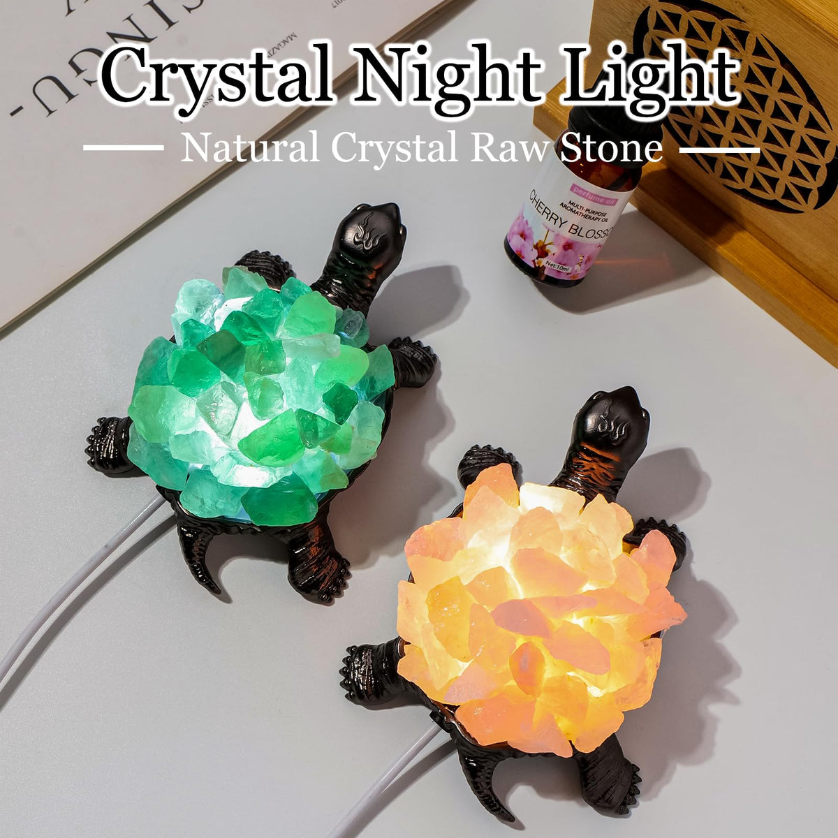 Natural Green Fluorite Turtle Night Lamp Healing Crystal Bedroom Bedside Table Lamp USB Port Home Decoration Women Men Decor Gift (Green)