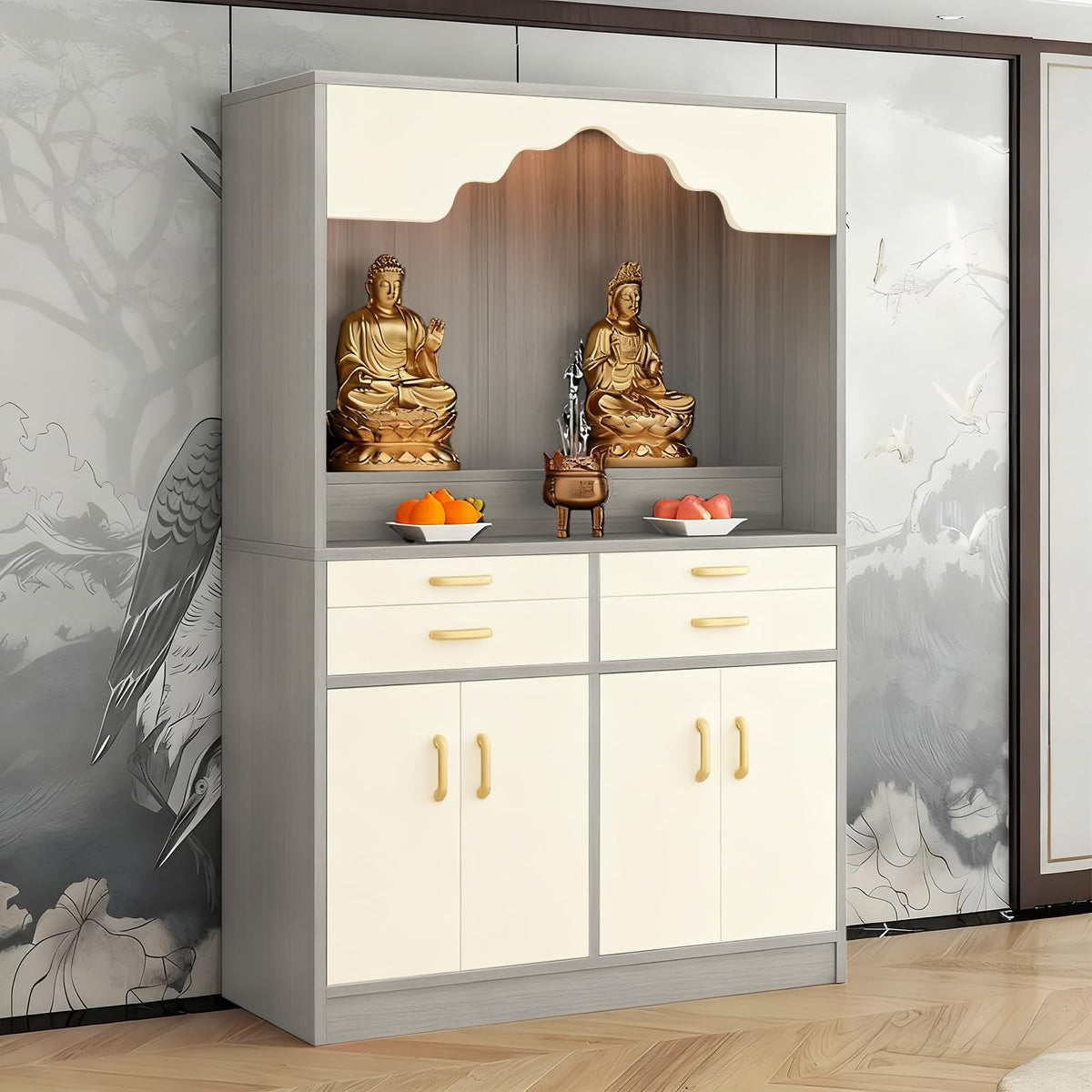 Altar Table Wood Meditation Prayer Table (Beige + Light Gray Wood / 43.3" x 15.7" x 63.8")