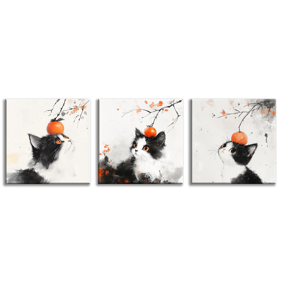 3PCS Modern Japanese Style Cat Wall Art Black White Orange Watercolor Canvas Print Asian Oriental Cat Minimalist Ready to Hang Home Decor Tuxedo Kitchen Living Room Artwork (Japanese Style Cat / 14x14 inches (3 pieces))