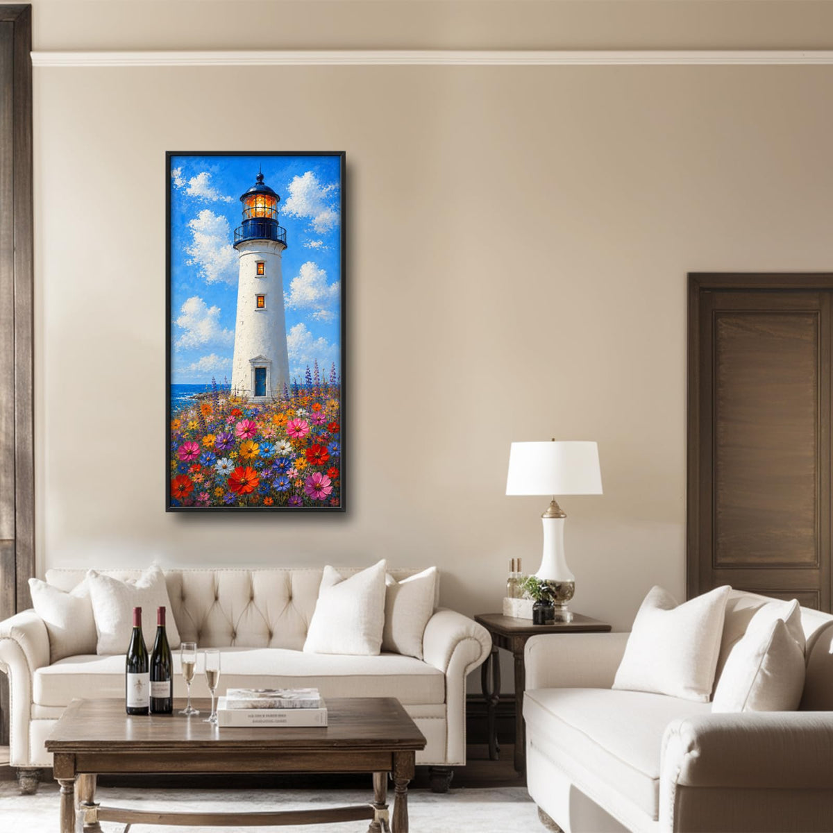 Lighthouse Large Vertical Wall Art Coastal Nautical Ocean Wall Decor Canvas Framed Pictures Painting Artwork For Living Room Bathroom Bedroom 30"X60" (Lighthouse Flower / 60"L x 30"W)