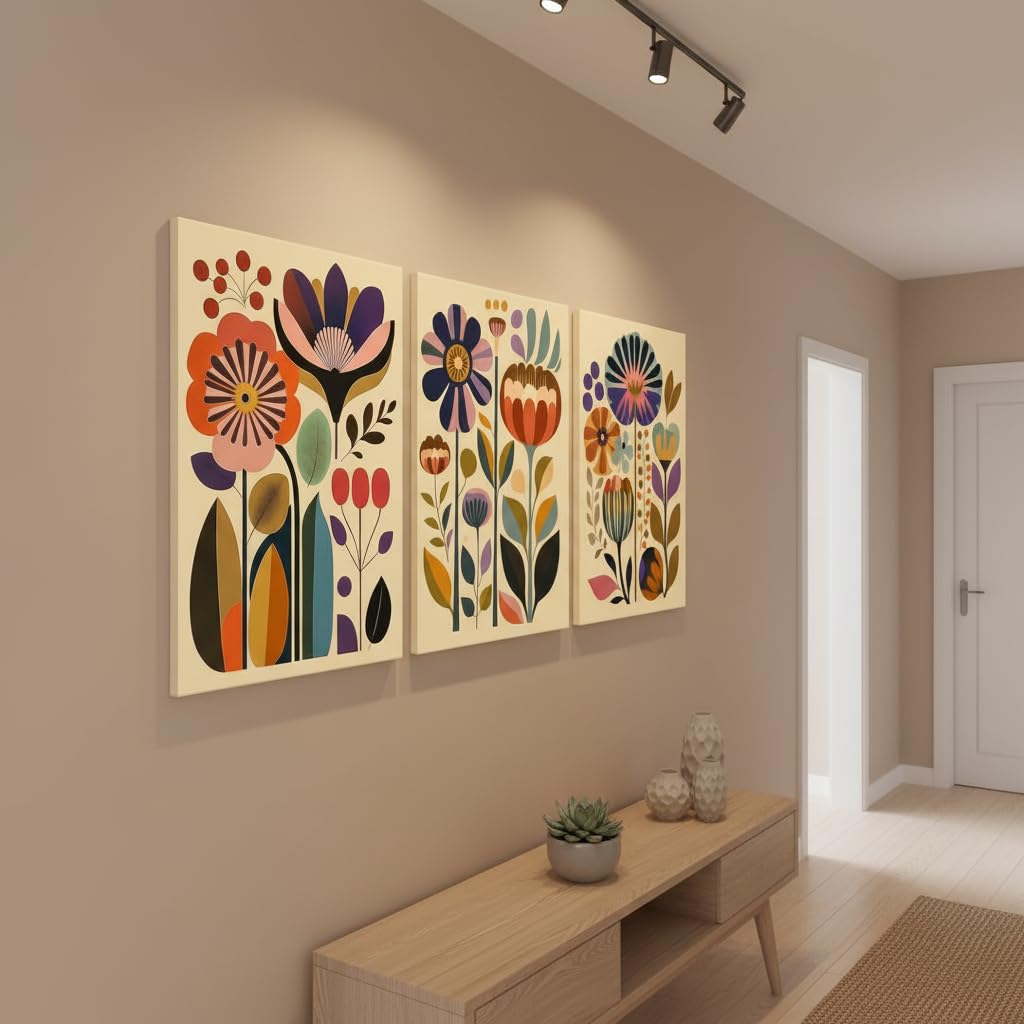 3 Pcs Boho Floral Canvas Wall Art (Nordic flowers / 16"L x 12"W)