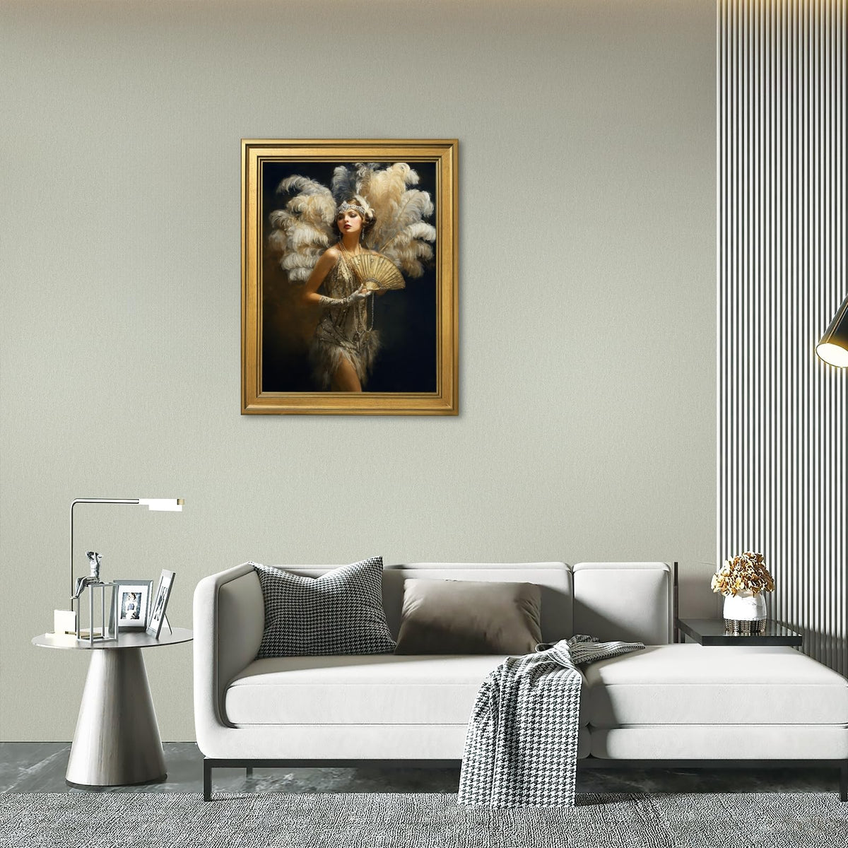 Vintage Burlesque Wall Art Canvas Prints 1920s Showgirl with Feathered Fan and Costume Painting Pictures Elegant Woman Poster Art Deco for Living Room Bedroom Home Decor 24x36inch Golden Frame (style-4 Vintage Golden frame / 24"L x 36"W)
