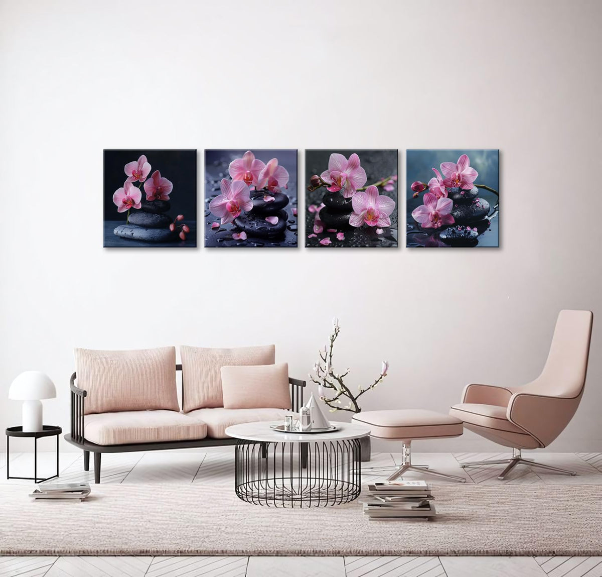 4Pcs Pink Orchid Canvas Wall Art Zen Spa Decor with Black Stones and Water Drops Tranquil Floral Prints Nature Home Decoration for Bedroom Living Room Bathroom Ready to Hang Relaxing Artwork (16X16inchX4 / Pink Orchid)