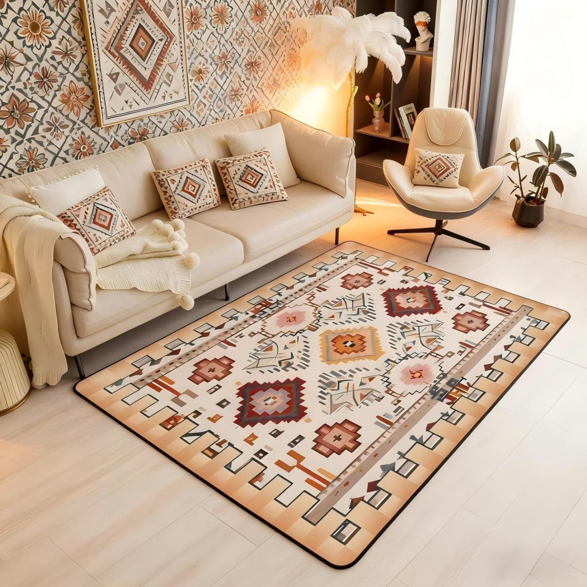Bohemian Area Rug 3x5 Boho Decor Western Rugs for Living Room (Beige White / 3'3" x 4'11" (Rectangular))