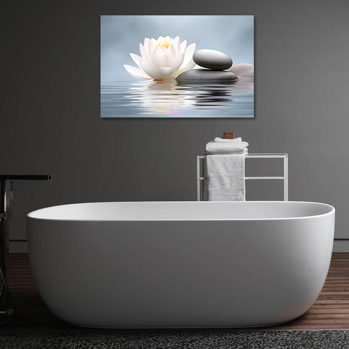 Zen Wall Art White Lotus Canvas Print Wall Decor Spa Massage Stones Picture Relax Calm Modern Meditation Painting Artwork for Yoga Spiritual Room Office Home Decor Framed (30"L x 20"W / Q - Blue)