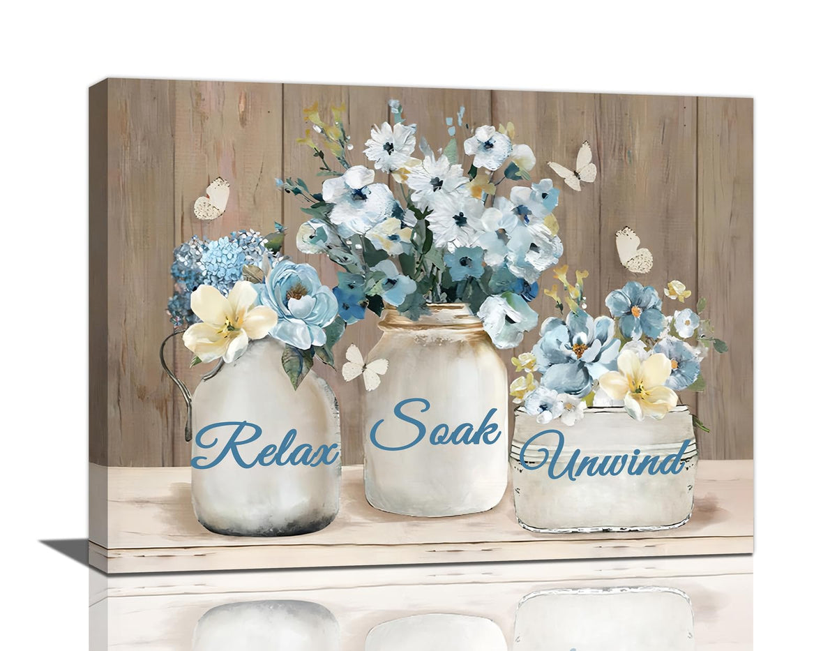 Farmhouse Flower Rustic Blue Floral Canvas Painting Prints (Blue Flower / 20"L x 16"W)
