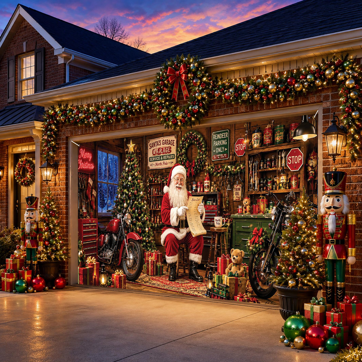 Christmas Garage Door Cover Banner Nostalgic Santa's Garage Backdrop (Santa Claus-2)