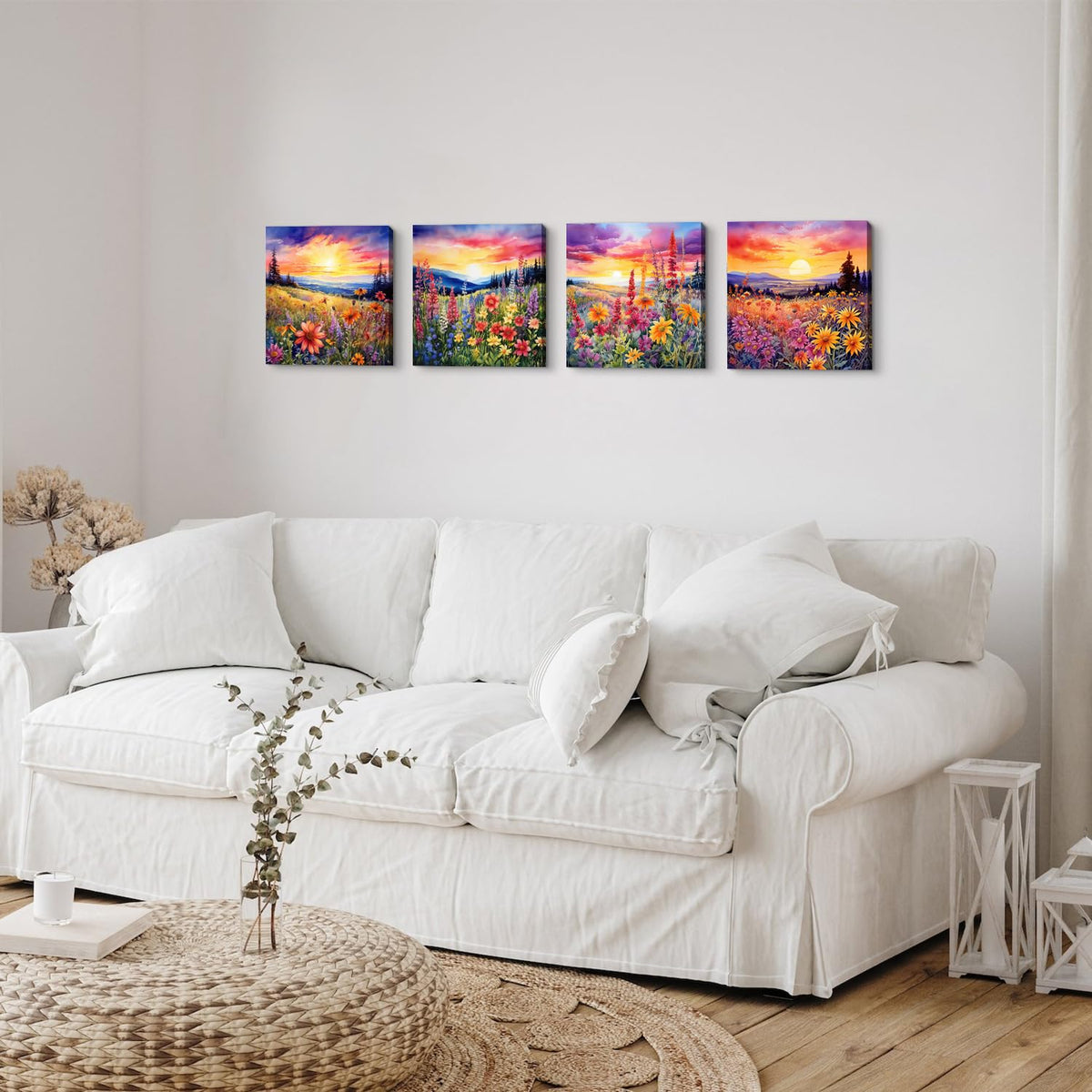 Wildflower Wall Art Burnt Orange Sunset Nature Pictures for Living Room Colorful Floral Landscape Painting Canvas Prints Bedroom Mountain Flowers Artwork Office Bathroom Home Decorations 12x12” 4P (12"L x 12"W / Wildflower)