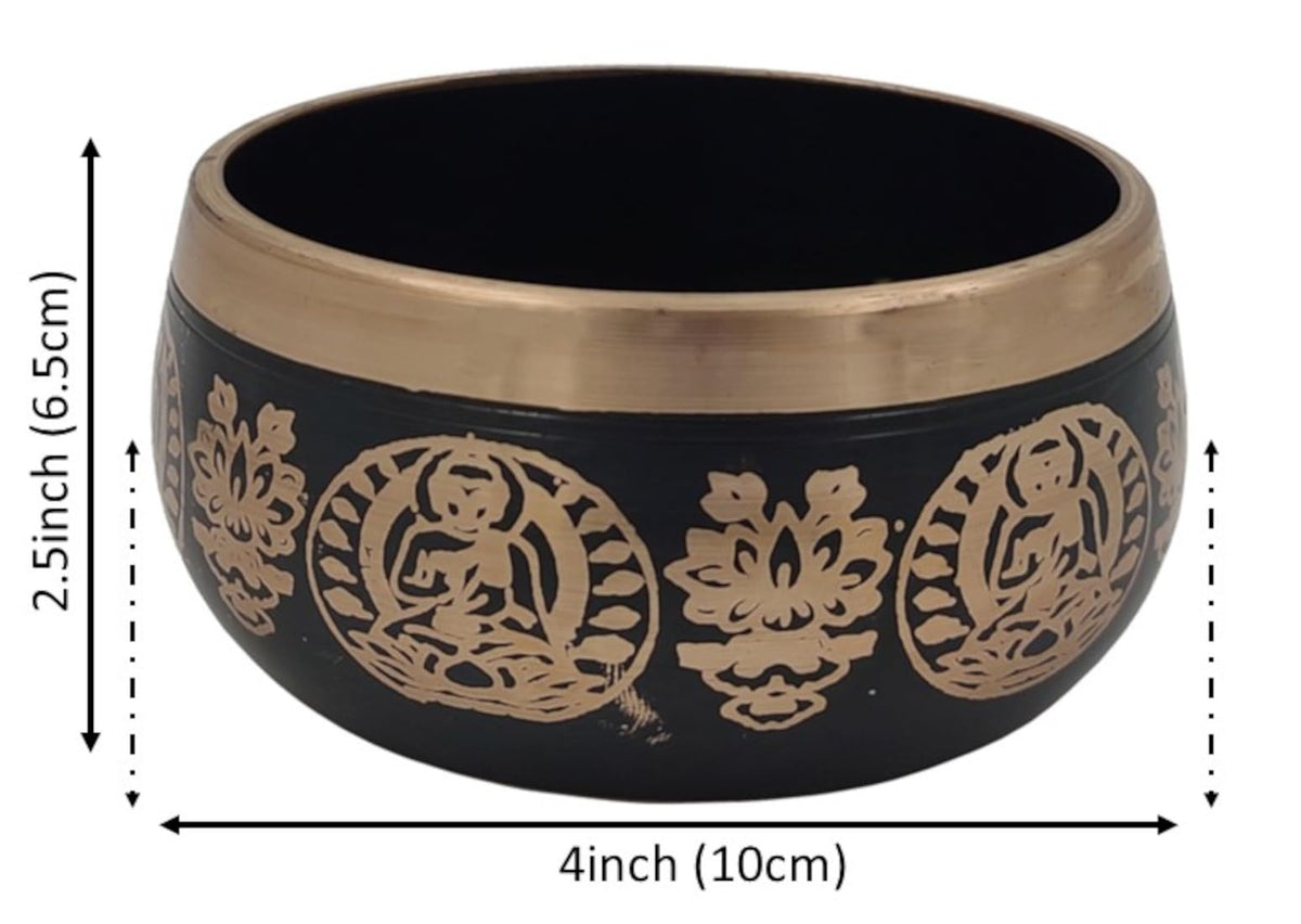 Handmade 4 Inches Bell Metal Tibetan Buddhist Singing Bowl Musical Instrument For Meditation (Scripture design | 4 inches | Black)