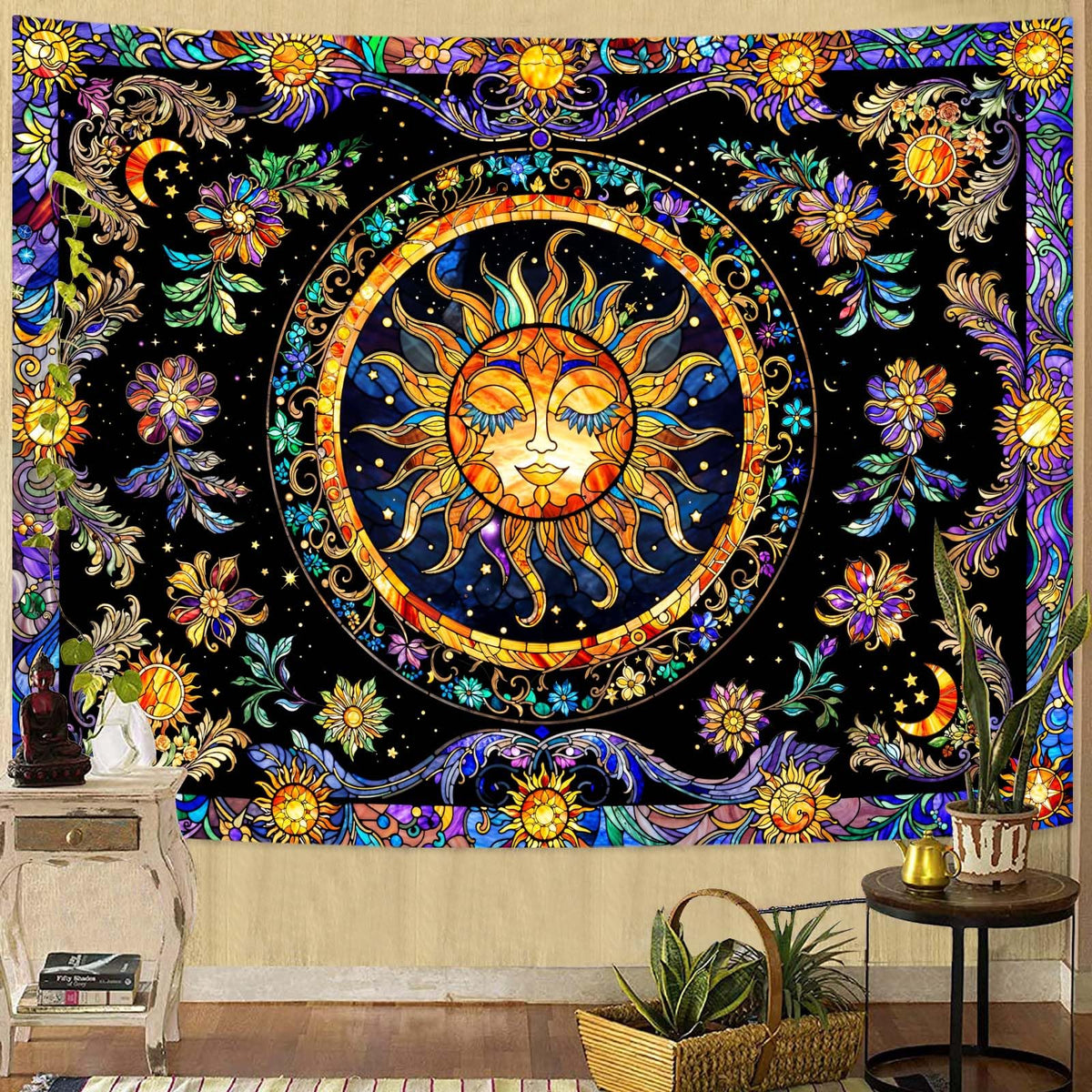 Sun Tapestry Stained Glass Tapestry Wall Decor Tapestries for Bedroom Boho Tapestries Wall Hanging for Bedroom Living Room Glass (Yellow Black / 90"L x 70"W)