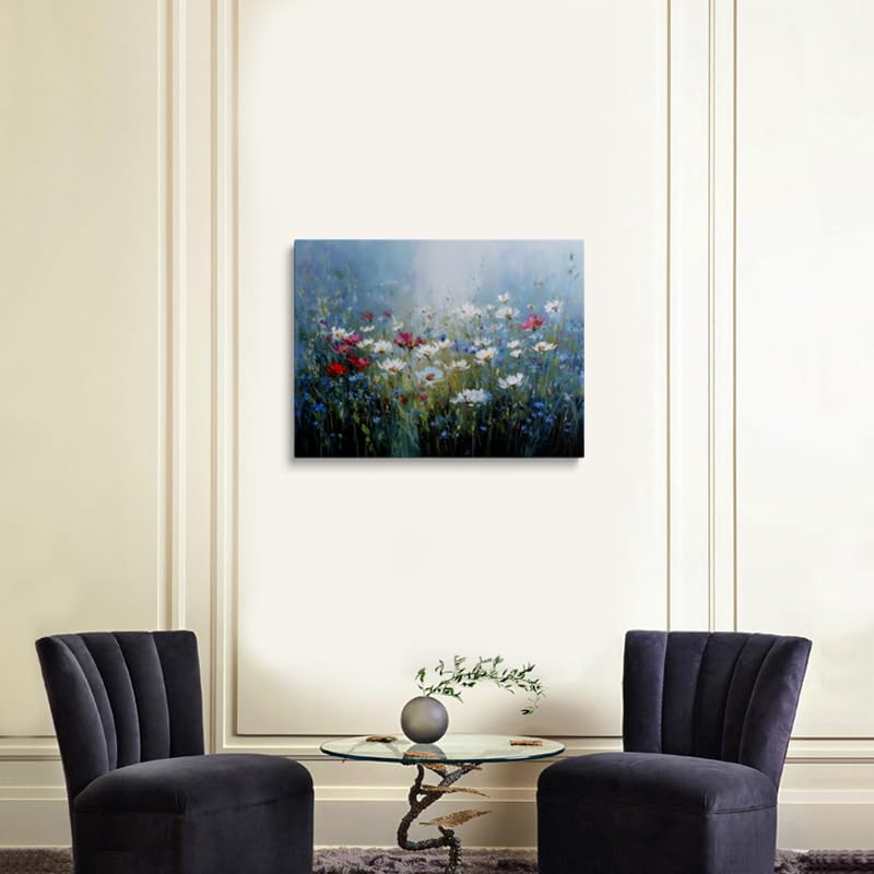 Wildflower Field Canvas Wall Art Framed Print Painting Red and White Blooms Impressionist Serene Wall Decor Artwork Poster Soft Blue Green Background for Living Room Bedroom Nursery Decor 12x16 Inches (wildflowers / 16"L x 12"W)