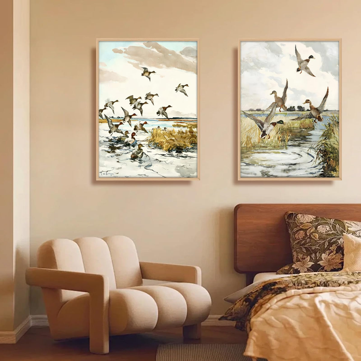 2Pcs Vintage Duck Wall Art Rustic Mallards Marsh Landscape Canvas Prints (Vintage Duck 2Pcs / 12x16 Inches)