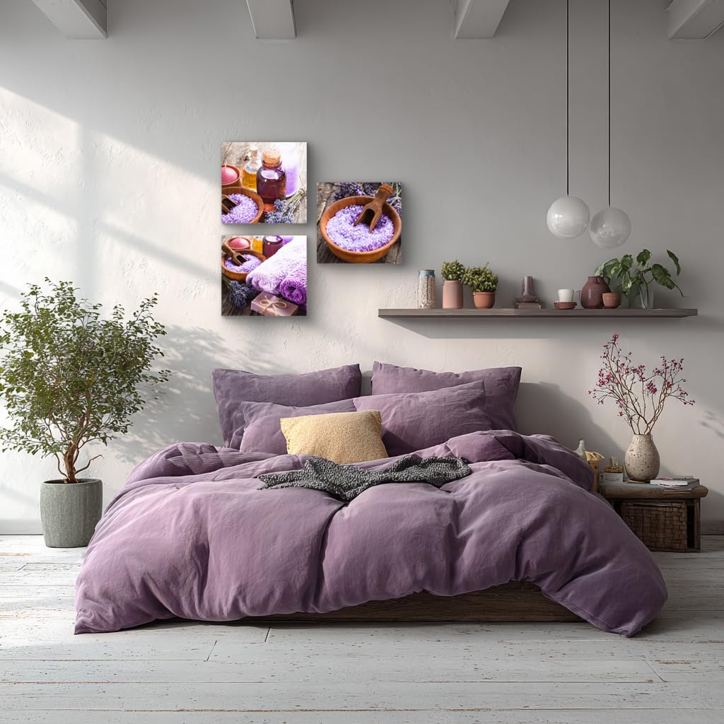 3Pcs Lavender Spa Canvas Wall Art Purple Bath Salts Essential Oil Bottles Still Life Prints Rustic Farmhouse Aromatherapy Decor for Bathroom Bedroom Spa Room Ready to Hang (14X14inchX3pcs / Purple Zen)
