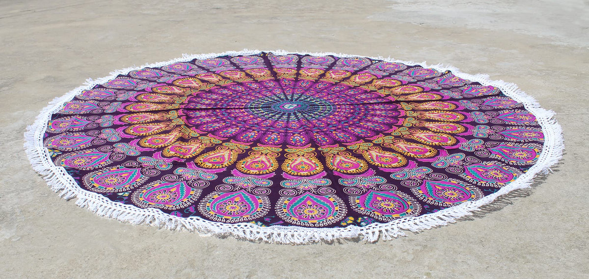 Round Beach Tapestry Turquoise Mandala Throw (3'6" (Round) / Pink and Yellow)