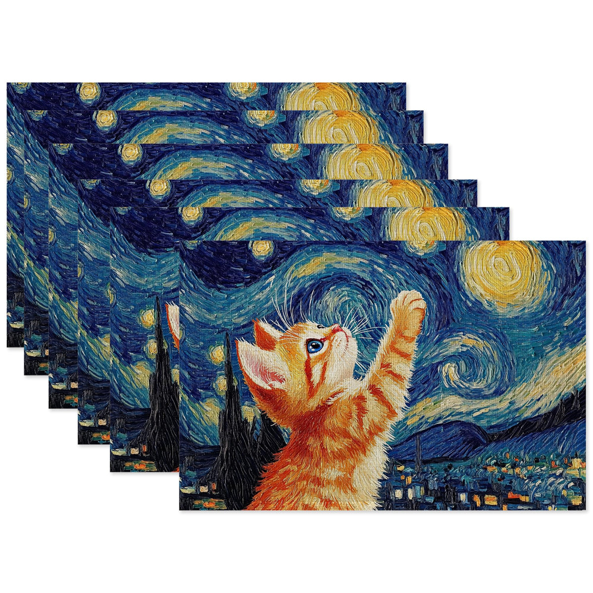 Cute Cat Table Mats Set of 6 (Cute Cat Starry Night Moon)