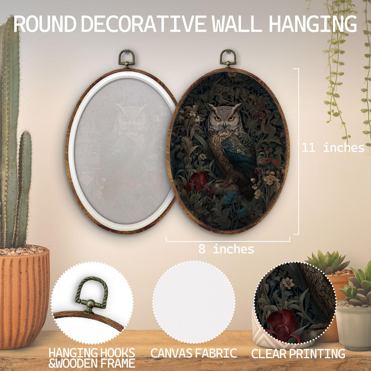 Dark Academia Owl Floral Oval Wall Art Decor (crow)