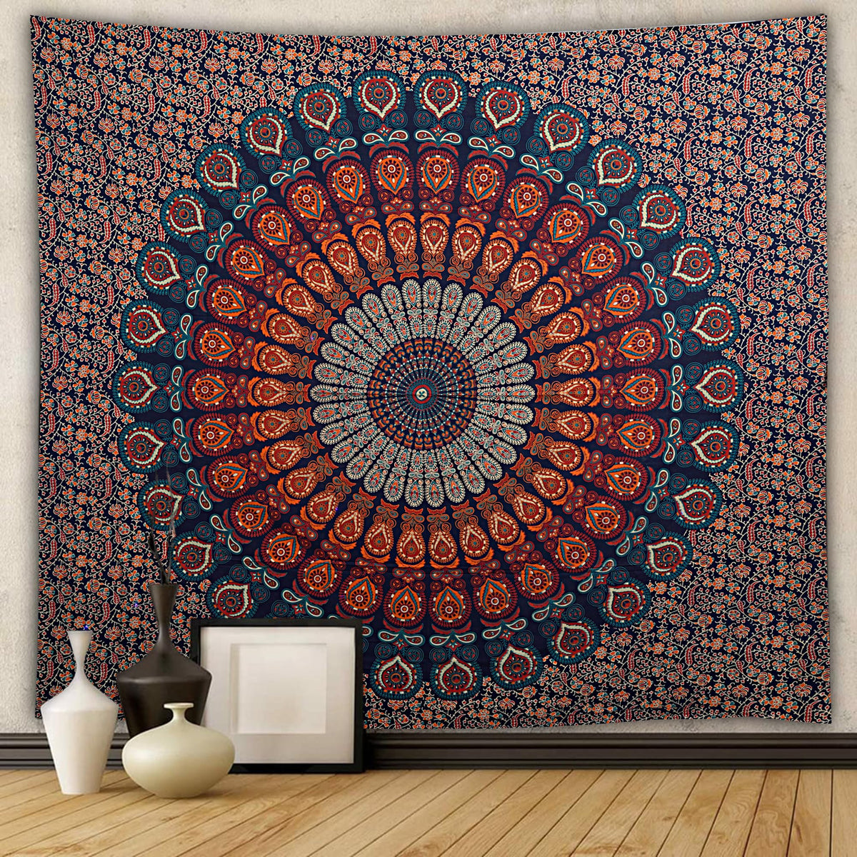 Handmade Cotton Peacock Mandala Tapestry (60"L x 50"W / Golden Blue)