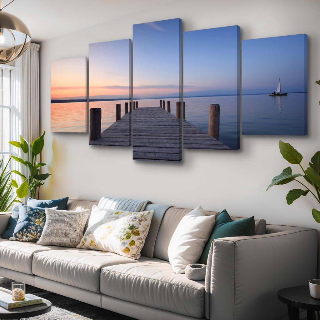5 parts Bridges over the Sea Large Canvas Prints Wall Art Seascape Pictures Paintings for Bathroom Living Room Home Decorations 3 Panels Modern Gallery Wrapped Ocean Sea Beach Giclee Artwork (16x24inchx2,16x32inchx2,16x40x1 / blue 3)