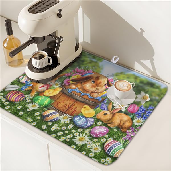Easter Bunnies Eggs Dish Drying Mat for Kitchen Counter (Bunnies / 16" x 18")