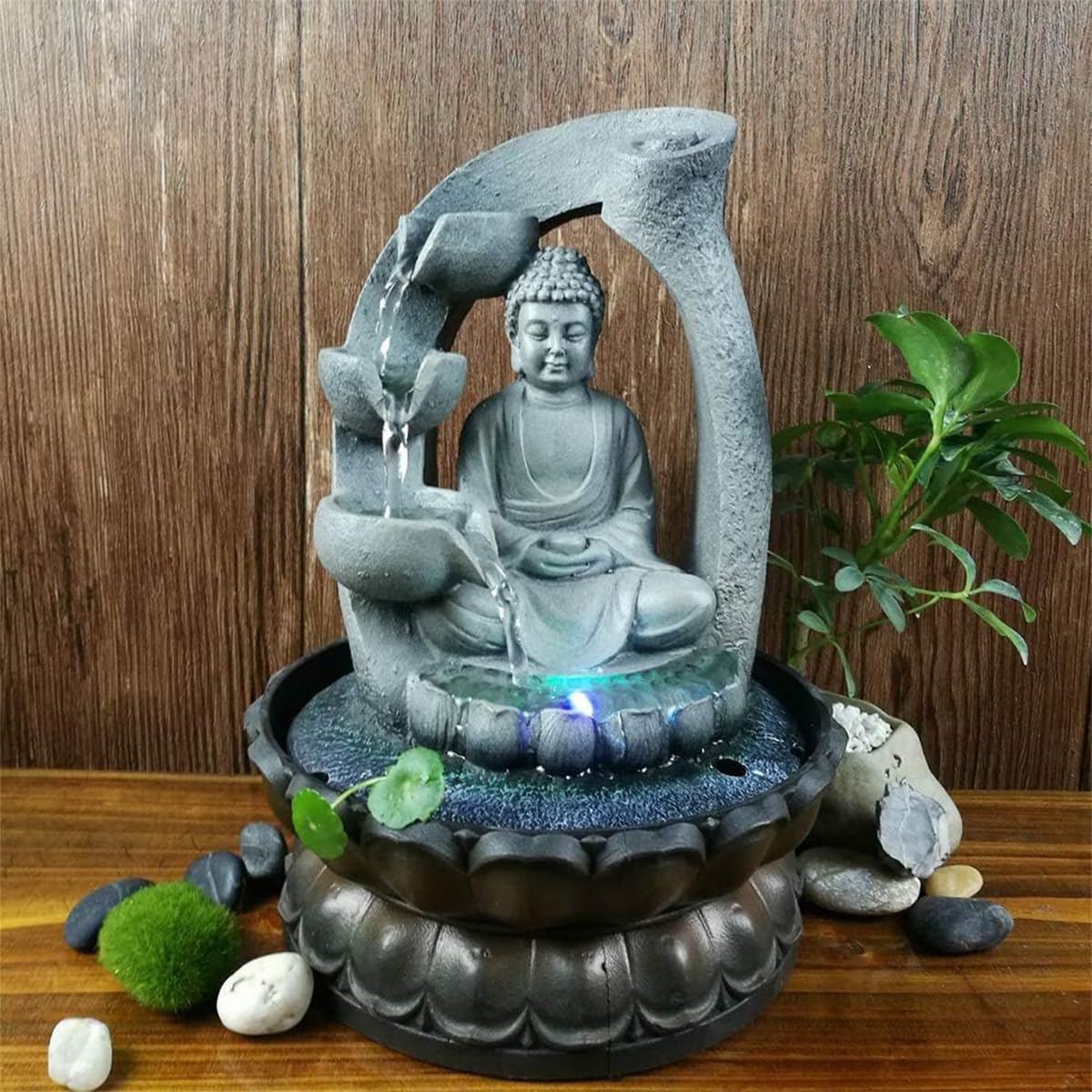 Buddha Tabletop Waterfall Fountain Meditation Relaxing Indoor Decoration (Grey 2)