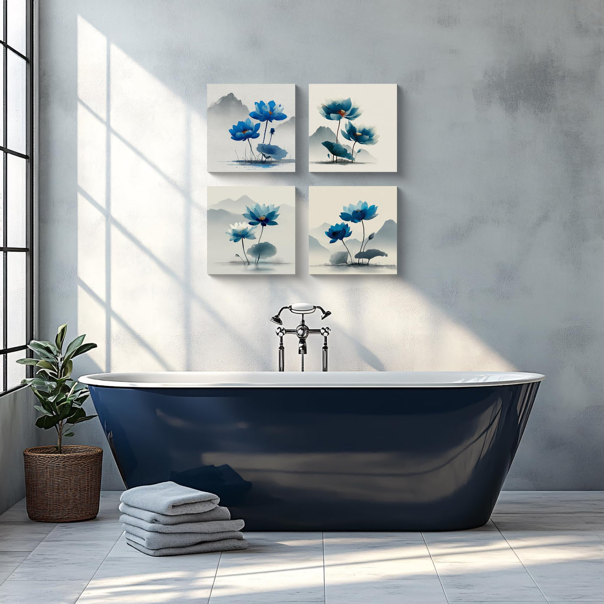 4PCS Blue Lotus Flower Wall Art Oriental Ink Painting Style Watercolor Botanical Canvas Print Traditional Chinese Zen Artwork Mountain Landscape Decor for Living Room Bedroom Meditation Space (12X12inchX4 / Blue Lotus-1)