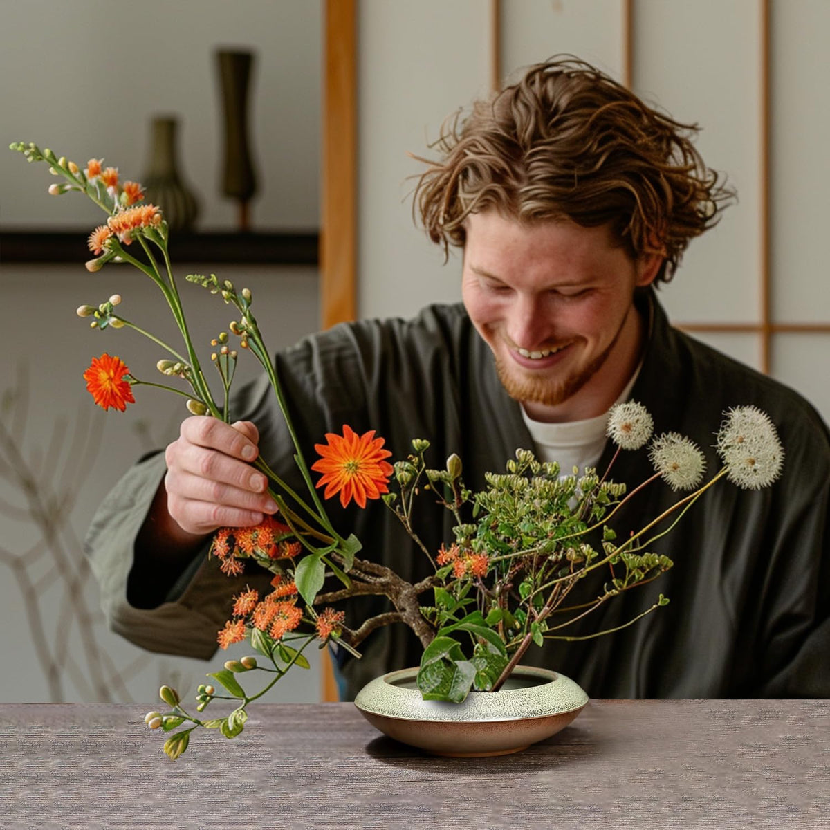 Ikebana Vase Kit Ceramic Flower Frog Vase with Stainless Kenzan Japanese Ikebana Flower Arrangement Pot for Floral Displays Moss & Hydroponic Plants Zen Decor Gift (Green Small Size)