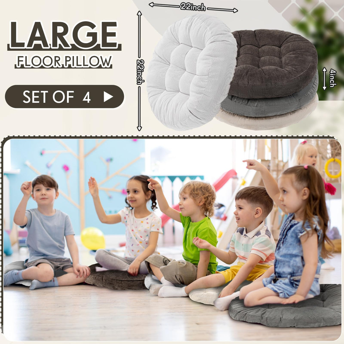 4 Pcs Graded Grey Large Floor Pillow Cushion (Round 22 x 22 / Graded Gray)