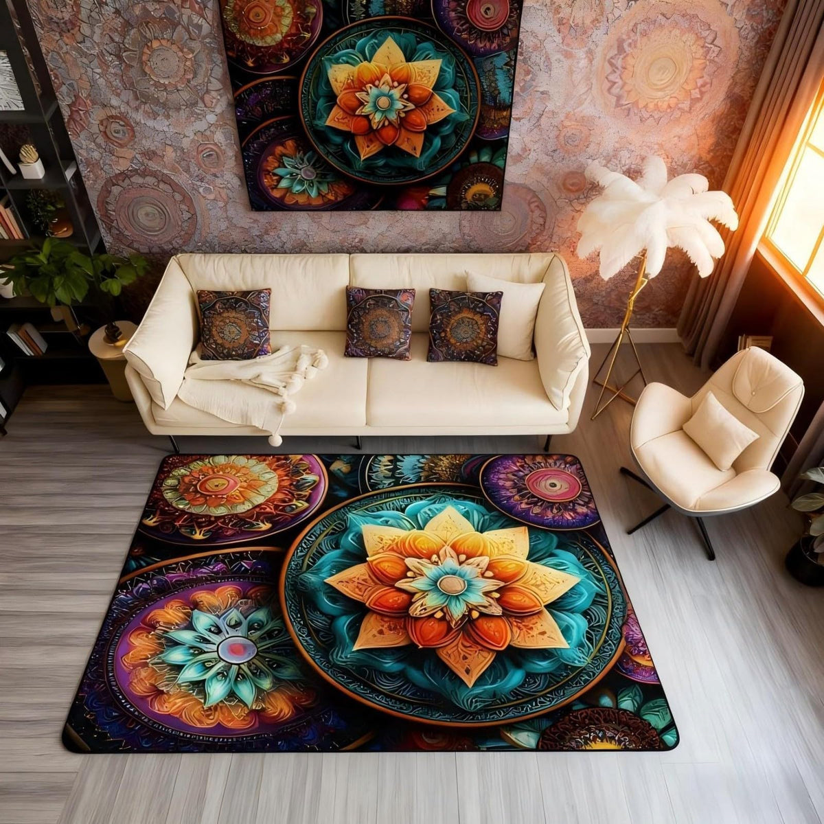 Vintage Mandala Area Rug 5x7 Victorian Damask (Orange Purple Turquoise / 4'11" x 6'6" (Rectangular))