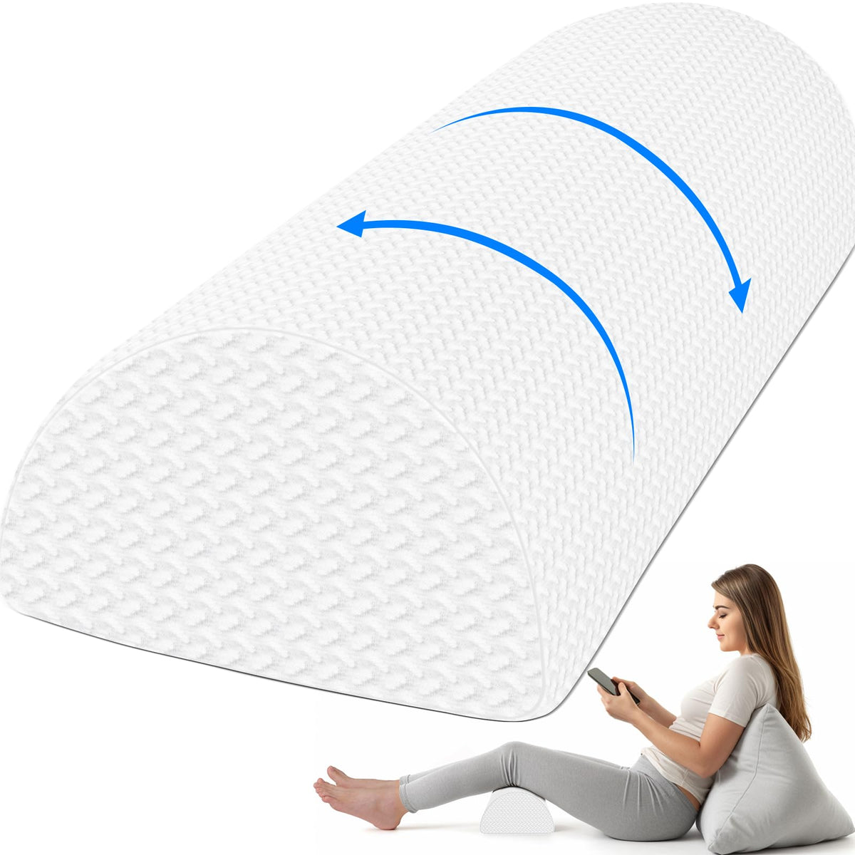 Knee Pillow for Back Sleeping Memory Foam Half Moon Bolster Pillow for Legs (White / Large)
