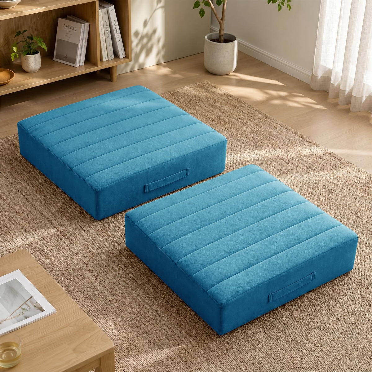 2 Pcs High Density Foam Floor Pillow (Peacock Blue / 2 Counts)