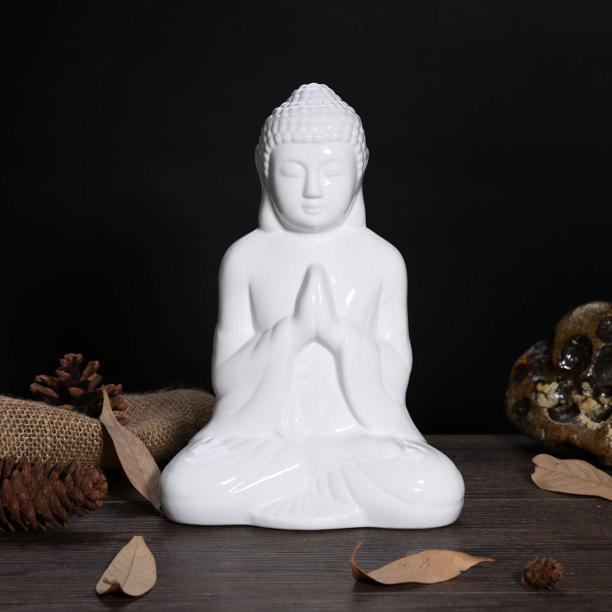 Ceramic Praying Buddha Figurine (White / Small)