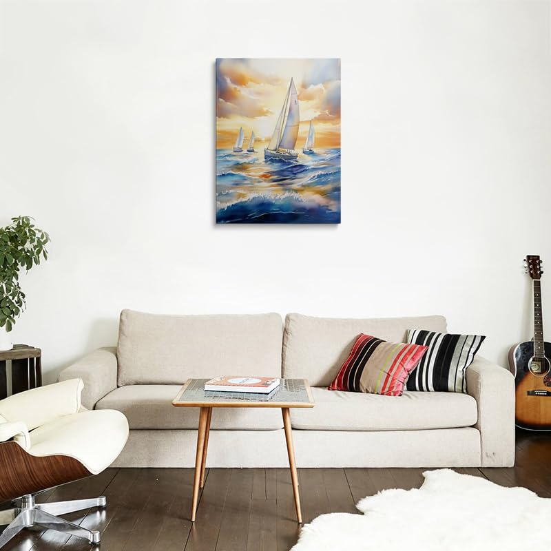 Sunset Sailboats Ocean Watercolor Canvas Wall Art Framed Painting Seascape Wall Decor Artwork Print Poster Calming Peaceful Blue Waves Golden Sky Coastal for Bathroom Living Room Bedroom 16x24 Inches (sailboat / 24"L x 16"W)