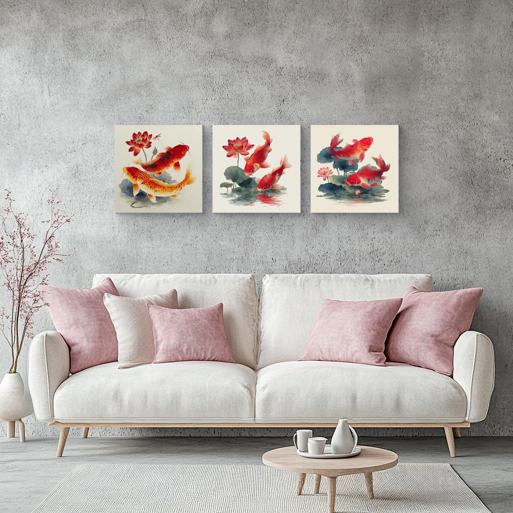 3Pcs Japanese Koi Fish Lotus Flower Wall Art Red Watercolor Zen Canvas Prints for Living Room Feng Shui Good Luck Animal Pictures Asian Oriental Floral Artwork Decor Ready to Hang (Zen Koi Canvas / 20x20inchx3)