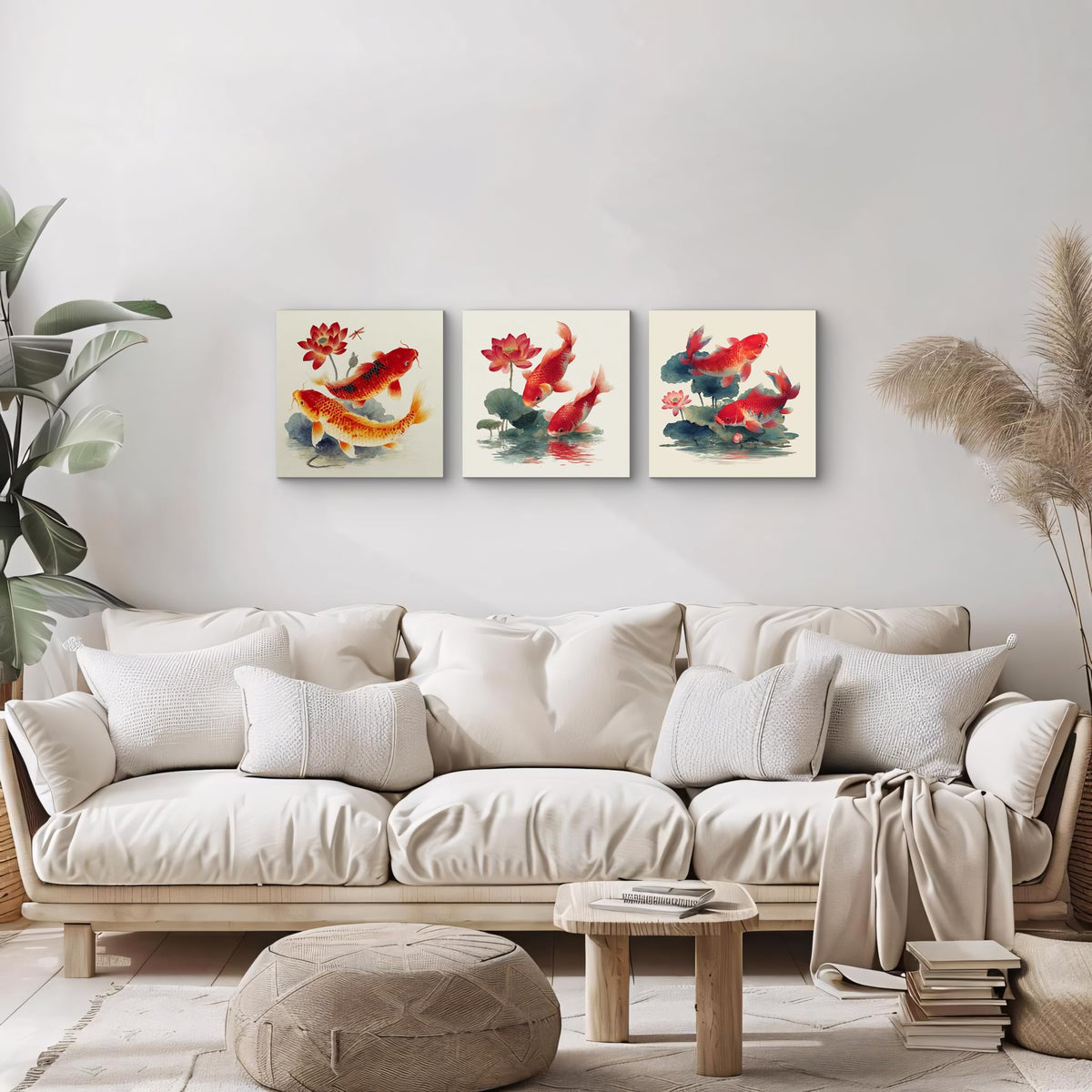 3Pcs Japanese Koi Fish Lotus Flower Wall Art Red Watercolor Zen Canvas Prints for Living Room Feng Shui Good Luck Animal Pictures Asian Oriental Floral Artwork Decor Ready to Hang (Zen Koi Canvas / 12x12inchx3)