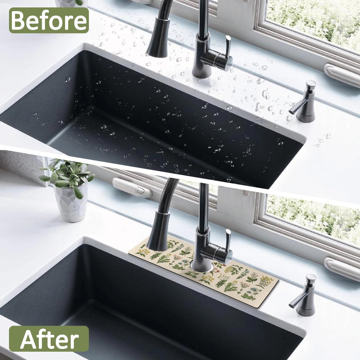 2 Pack 2 Pack Kitchen Sink Splash Guard Faucet Mat 24" X 5.5" Floral Absorbent Fast Drying Mat Faucet Draining Mat Sink Splash Guard Behind Faucet Drip Catcher for Kitchen Bathroom (24*5.5inx2 / Floral)