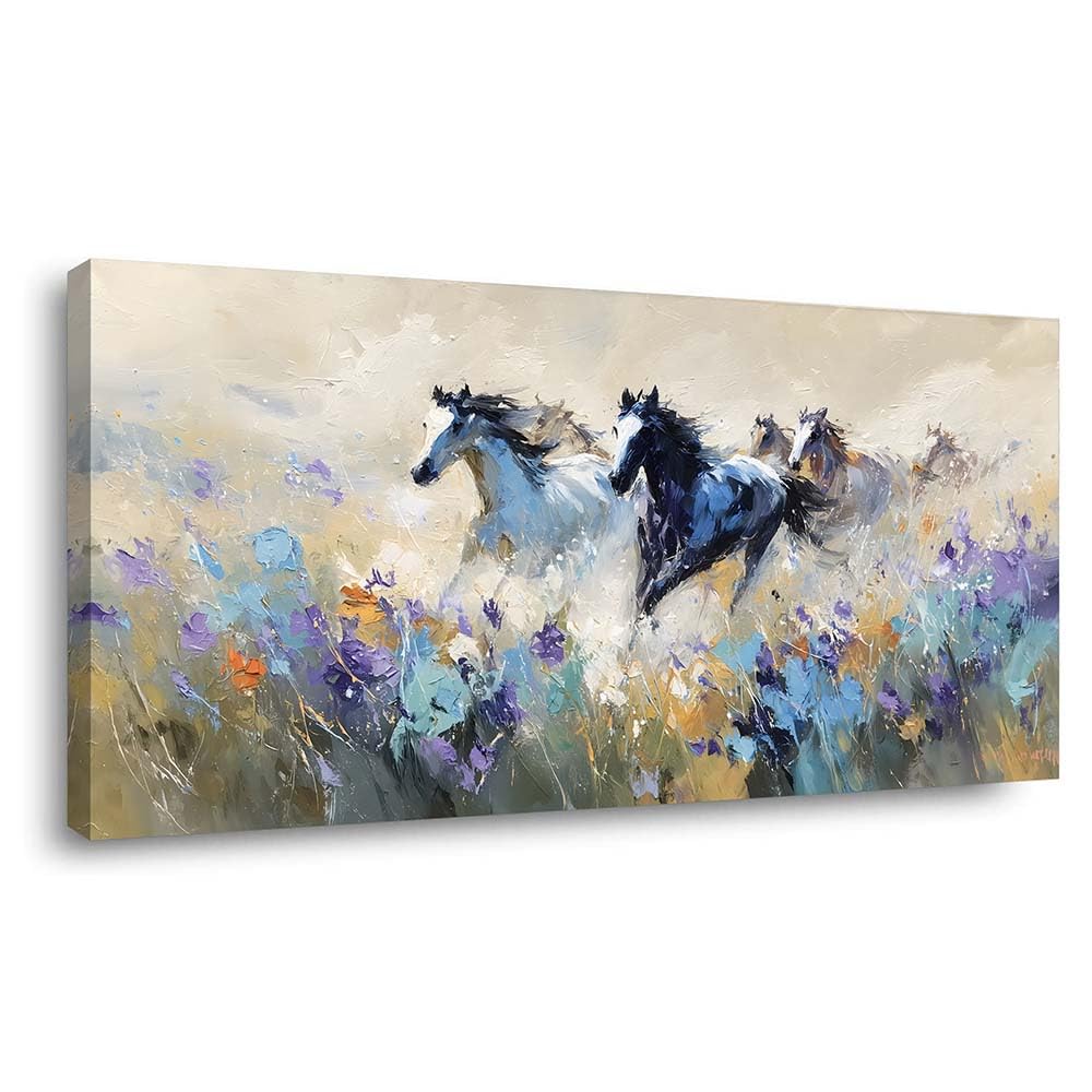 Running Horses Canvas Wall Art Wild Mustang Floral Field Painting Print Gallery Wrapped Rustic Animal Arrtwork for Living Room Bedroom Bathroom Decor (Abstract / White Wild Horses 1 / 40"L x 20"W)